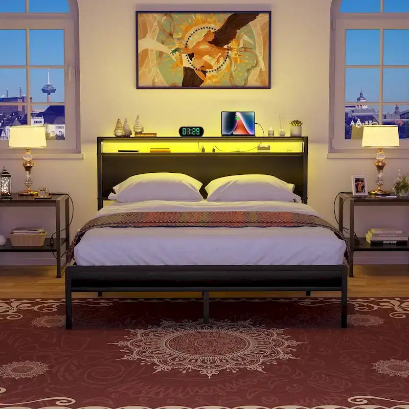 Cadre de lit plateforme avec tête de lit de rangement et LED – Marron / Gris / Noir, style industriel, simple