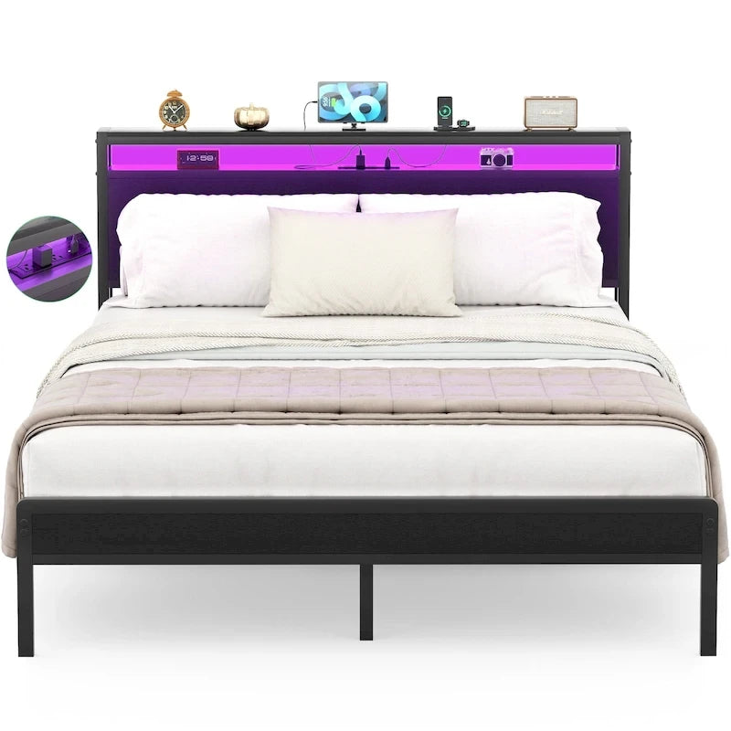 Cadre de lit plateforme avec tête de lit de rangement et LED – Marron / Gris / Noir, style industriel, simple