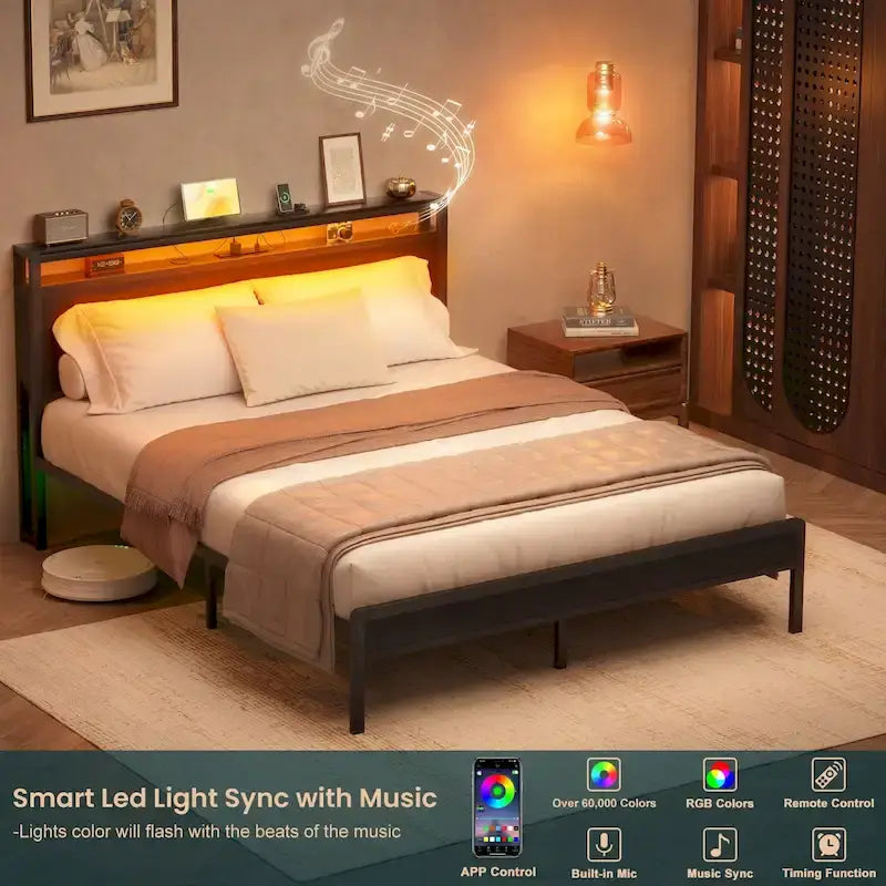 Cadre de lit plateforme avec tête de lit de rangement et LED – Marron / Gris / Noir, style industriel, simple