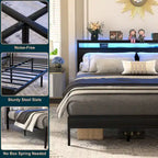 Cadre de lit plateforme avec tête de lit de rangement et LED – Marron / Gris / Noir, style industriel, simple