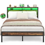 Cadre de lit plateforme avec tête de lit de rangement et LED – Marron / Gris / Noir, style industriel, simple