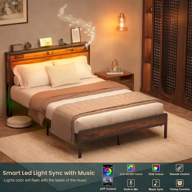 Cadre de lit plateforme avec tête de lit de rangement et LED – Marron / Gris / Noir, style industriel, simple