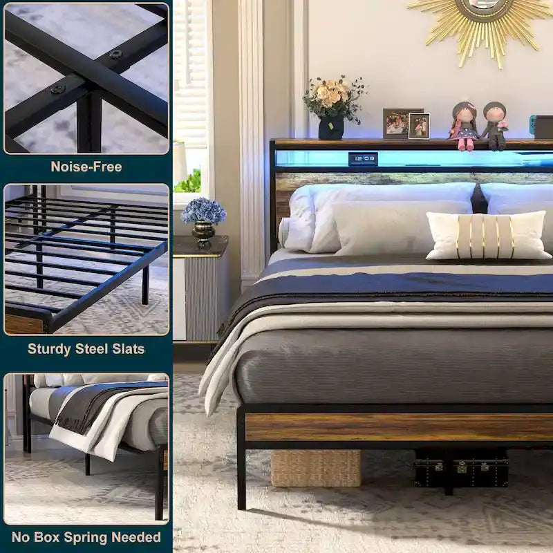 Cadre de lit plateforme avec tête de lit de rangement et LED – Marron / Gris / Noir, style industriel, simple