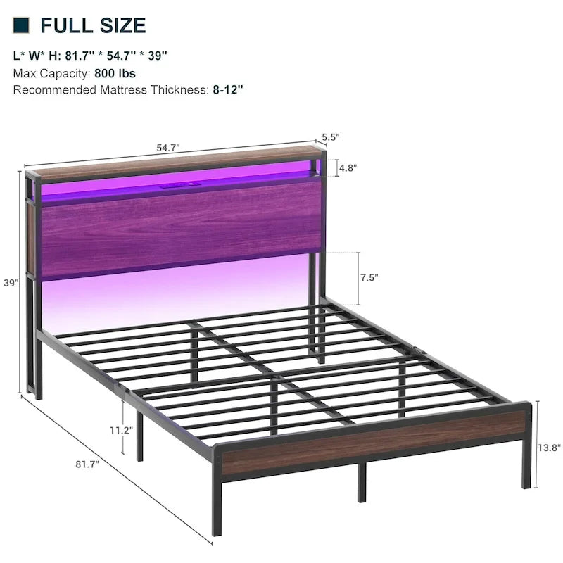 Cadre de lit plateforme avec tête de lit de rangement et LED – Marron / Gris / Noir, style industriel, simple