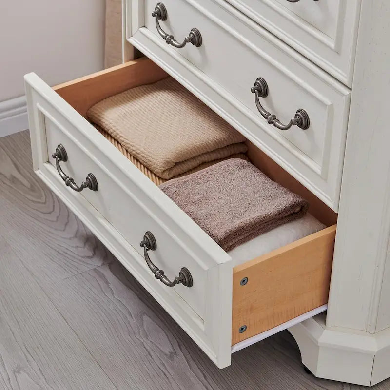 Commode 5 tiroirs – Blanc antique / Chêne rustique / Bois de grange, style rustique, individuelle