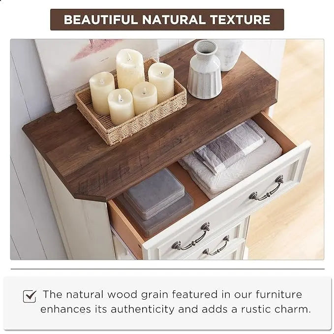 Commode 5 tiroirs – Blanc antique / Chêne rustique / Bois de grange, style rustique, individuelle