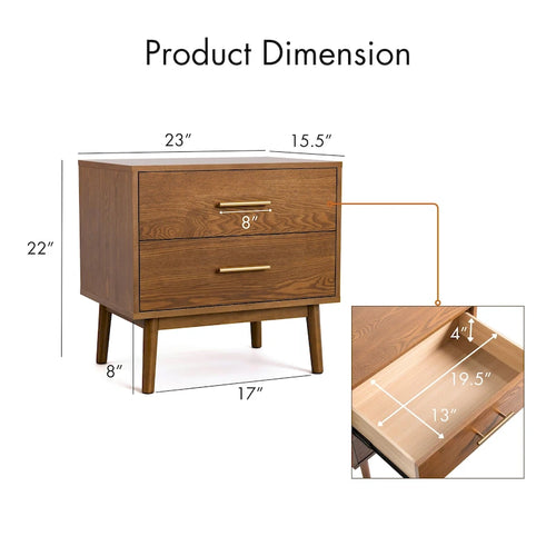 Table de chevet à 2 tiroirs de style scandinave – Noyer, style scandinave, unité simple