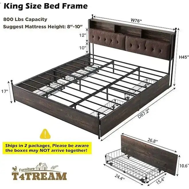 Cadre de lit King avec LED, station de charge et 4 tiroirs – Chêne rustique clair / Chêne rustique foncé / Blanc antique, style moderne, simple