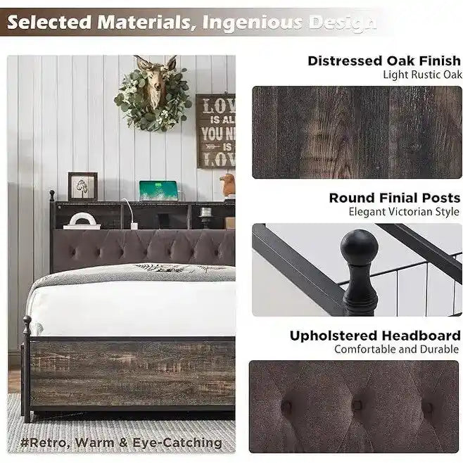 Cadre de lit King avec LED, station de charge et 4 tiroirs – Chêne rustique clair / Chêne rustique foncé / Blanc antique, style moderne, simple