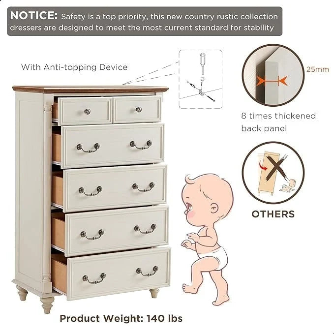 Commode 6 tiroirs – Chêne rustique foncé / Chêne rustique clair / Bois de grange recyclé / Blanc antique, Style rustique, Simple