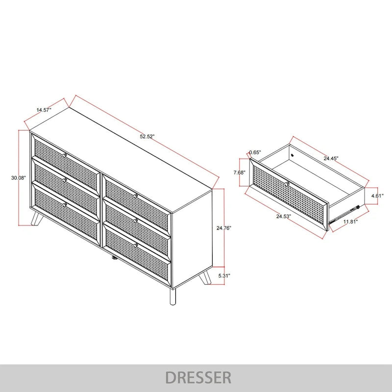 Commode à 6 tiroirs avec panneaux en rotin – Noir, style Mid-Century, simple