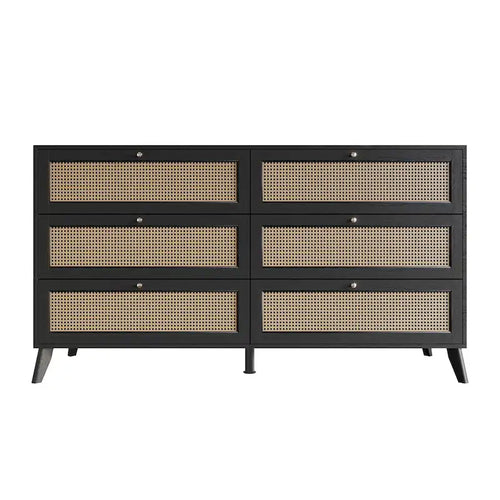 Commode à 6 tiroirs avec panneaux en rotin – Noir, style Mid-Century, simple