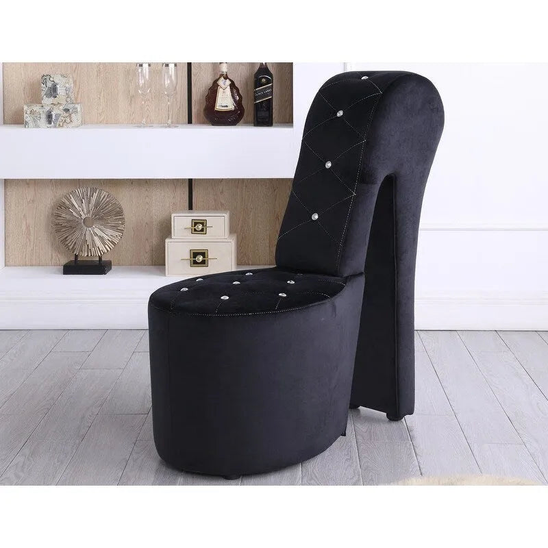 Fauteuil Chaussure à Talon Haut avec Capitonnage en Losanges – Noir / Blanc / Argent (Similicuir) / Gris / Noir / Bleu / Rose (Velours), Style Glamour Moderne, Individuel
