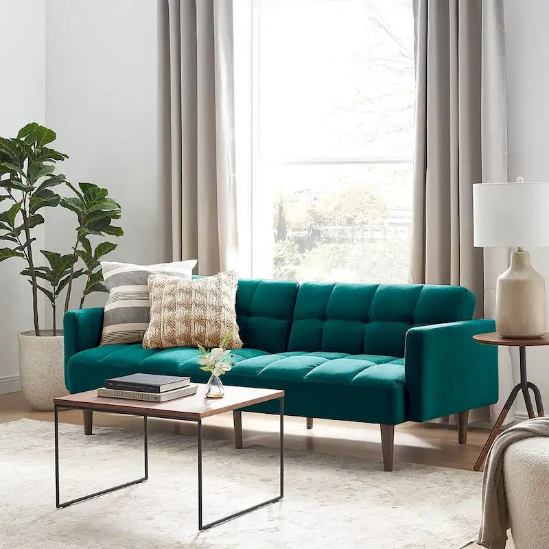 Convertible Futon Sofa Sleeper – Deep Teal / Antique Gold / Dark Grey / Old Rosa / Classic Blue / Deep Blue / Light Grey / Mustard Olive / Midnight Black / Cloud Gray / Pecan Brown / Sage Green / Pearl White Boucle, Mid-Century Style, 3-Person