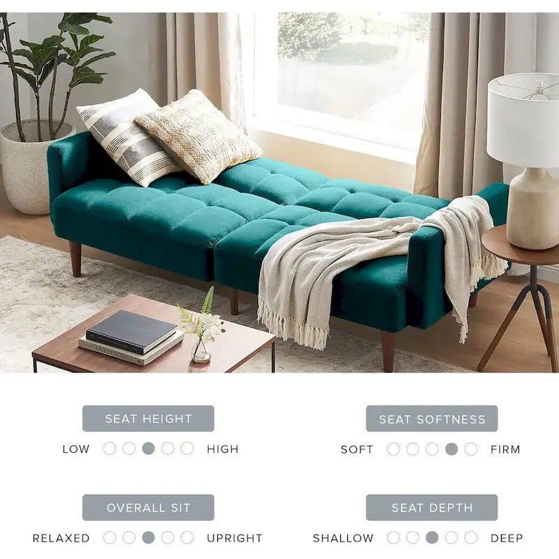 Convertible Futon Sofa Sleeper – Deep Teal / Antique Gold / Dark Grey / Old Rosa / Classic Blue / Deep Blue / Light Grey / Mustard Olive / Midnight Black / Cloud Gray / Pecan Brown / Sage Green / Pearl White Boucle, Mid-Century Style, 3-Person