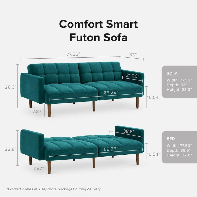 Convertible Futon Sofa Sleeper – Deep Teal / Antique Gold / Dark Grey / Old Rosa / Classic Blue / Deep Blue / Light Grey / Mustard Olive / Midnight Black / Cloud Gray / Pecan Brown / Sage Green / Pearl White Boucle, Mid-Century Style, 3-Person