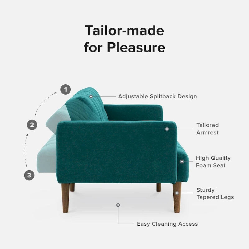 Convertible Futon Sofa Sleeper – Deep Teal / Antique Gold / Dark Grey / Old Rosa / Classic Blue / Deep Blue / Light Grey / Mustard Olive / Midnight Black / Cloud Gray / Pecan Brown / Sage Green / Pearl White Boucle, Mid-Century Style, 3-Person