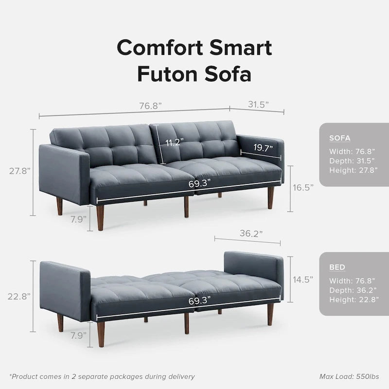 Convertible Futon Sofa Sleeper – Deep Teal / Antique Gold / Dark Grey / Old Rosa / Classic Blue / Deep Blue / Light Grey / Mustard Olive / Midnight Black / Cloud Gray / Pecan Brown / Sage Green / Pearl White Boucle, Mid-Century Style, 3-Person