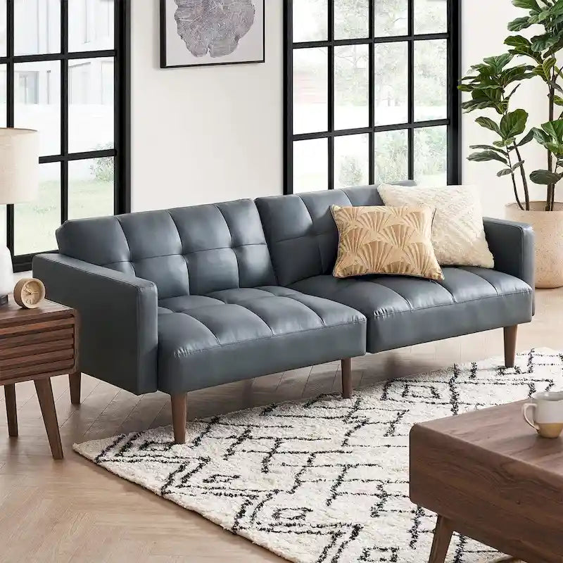 Convertible Futon Sofa Sleeper – Deep Teal / Antique Gold / Dark Grey / Old Rosa / Classic Blue / Deep Blue / Light Grey / Mustard Olive / Midnight Black / Cloud Gray / Pecan Brown / Sage Green / Pearl White Boucle, Mid-Century Style, 3-Person