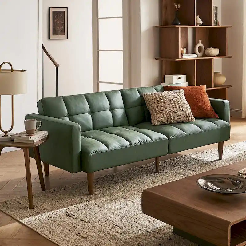 Convertible Futon Sofa Sleeper – Deep Teal / Antique Gold / Dark Grey / Old Rosa / Classic Blue / Deep Blue / Light Grey / Mustard Olive / Midnight Black / Cloud Gray / Pecan Brown / Sage Green / Pearl White Boucle, Mid-Century Style, 3-Person