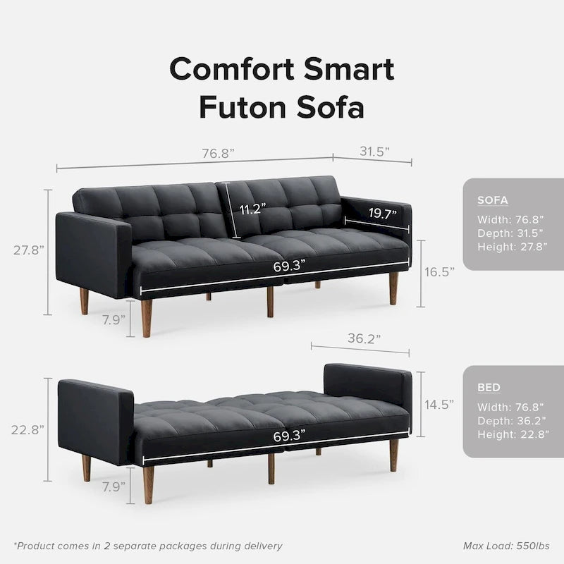 Convertible Futon Sofa Sleeper – Deep Teal / Antique Gold / Dark Grey / Old Rosa / Classic Blue / Deep Blue / Light Grey / Mustard Olive / Midnight Black / Cloud Gray / Pecan Brown / Sage Green / Pearl White Boucle, Mid-Century Style, 3-Person