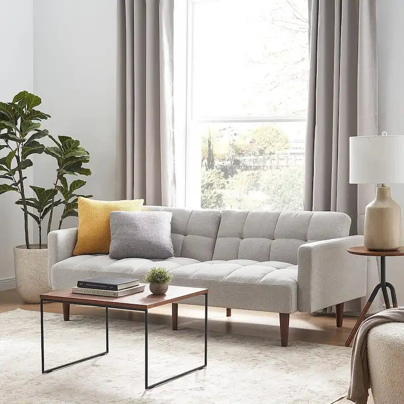 Convertible Futon Sofa Sleeper – Deep Teal / Antique Gold / Dark Grey / Old Rosa / Classic Blue / Deep Blue / Light Grey / Mustard Olive / Midnight Black / Cloud Gray / Pecan Brown / Sage Green / Pearl White Boucle, Mid-Century Style, 3-Person