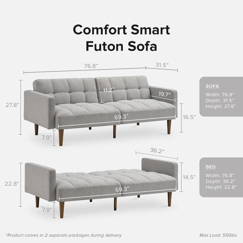 Convertible Futon Sofa Sleeper – Deep Teal / Antique Gold / Dark Grey / Old Rosa / Classic Blue / Deep Blue / Light Grey / Mustard Olive / Midnight Black / Cloud Gray / Pecan Brown / Sage Green / Pearl White Boucle, Mid-Century Style, 3-Person
