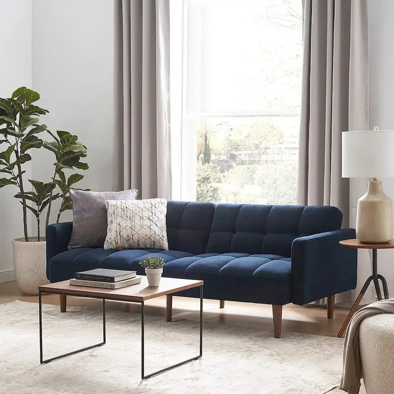 Convertible Futon Sofa Sleeper – Deep Teal / Antique Gold / Dark Grey / Old Rosa / Classic Blue / Deep Blue / Light Grey / Mustard Olive / Midnight Black / Cloud Gray / Pecan Brown / Sage Green / Pearl White Boucle, Mid-Century Style, 3-Person