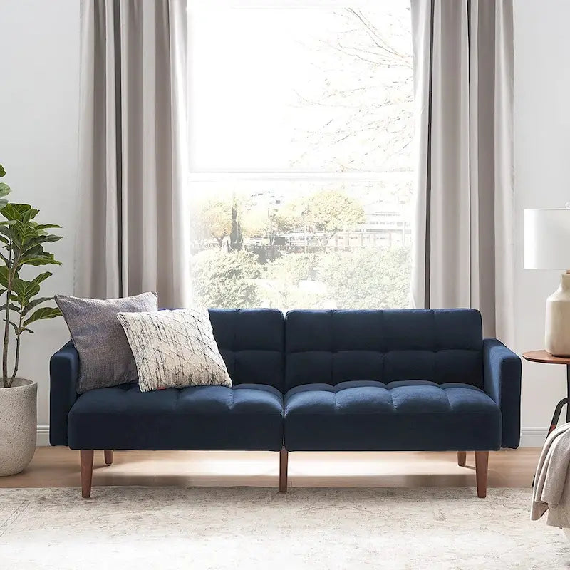 Convertible Futon Sofa Sleeper – Deep Teal / Antique Gold / Dark Grey / Old Rosa / Classic Blue / Deep Blue / Light Grey / Mustard Olive / Midnight Black / Cloud Gray / Pecan Brown / Sage Green / Pearl White Boucle, Mid-Century Style, 3-Person