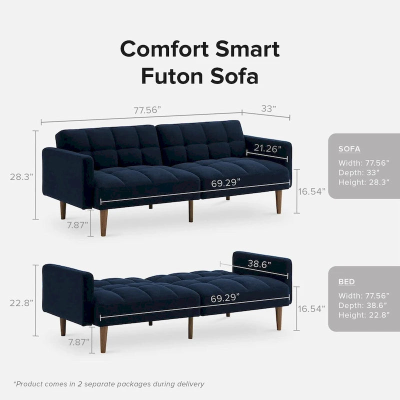 Convertible Futon Sofa Sleeper – Deep Teal / Antique Gold / Dark Grey / Old Rosa / Classic Blue / Deep Blue / Light Grey / Mustard Olive / Midnight Black / Cloud Gray / Pecan Brown / Sage Green / Pearl White Boucle, Mid-Century Style, 3-Person