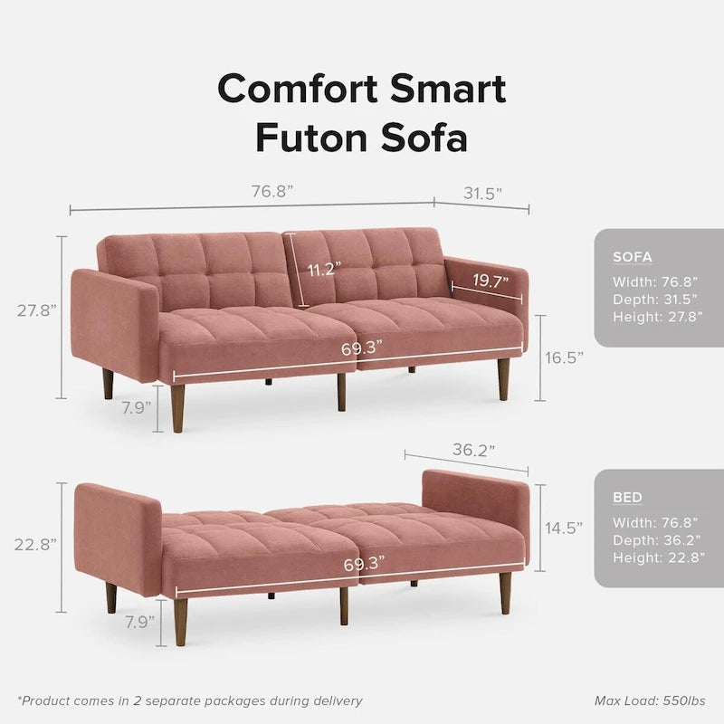Convertible Futon Sofa Sleeper – Deep Teal / Antique Gold / Dark Grey / Old Rosa / Classic Blue / Deep Blue / Light Grey / Mustard Olive / Midnight Black / Cloud Gray / Pecan Brown / Sage Green / Pearl White Boucle, Mid-Century Style, 3-Person