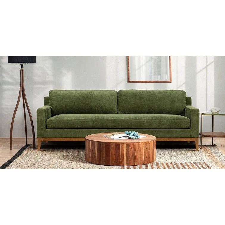 Canapé en velours 228 cm avec coussins en plumes et pieds en bois d'hévéa – Velours vert vieilli, style vintage, 3 places