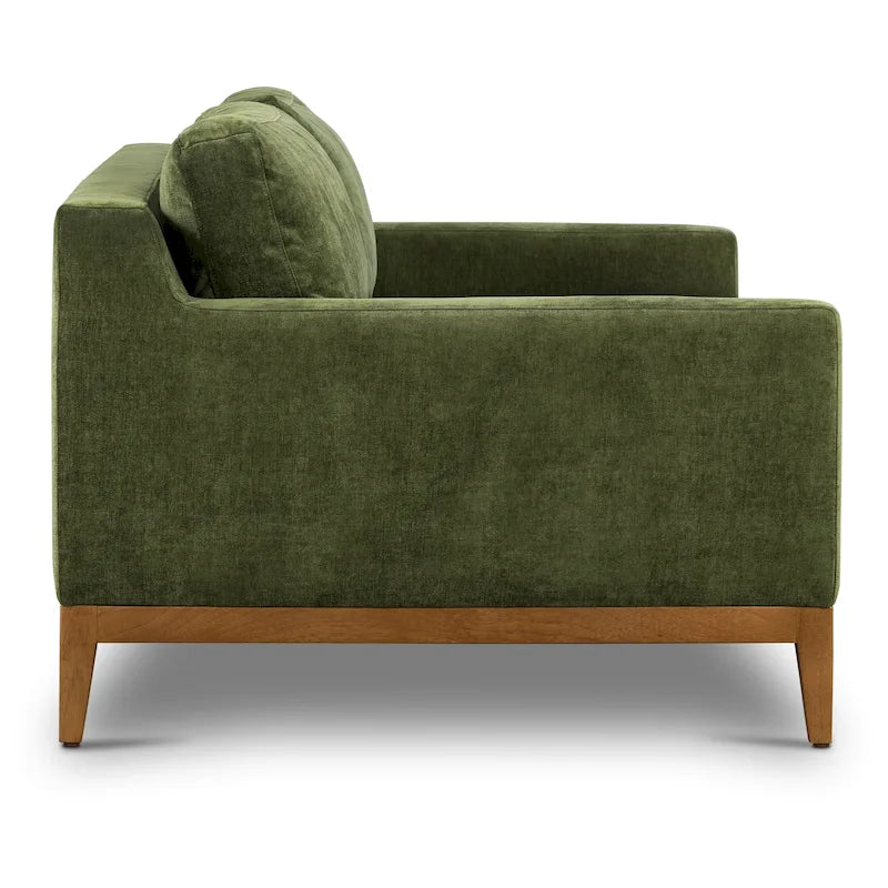 Canapé en velours 228 cm avec coussins en plumes et pieds en bois d'hévéa – Velours vert vieilli, style vintage, 3 places