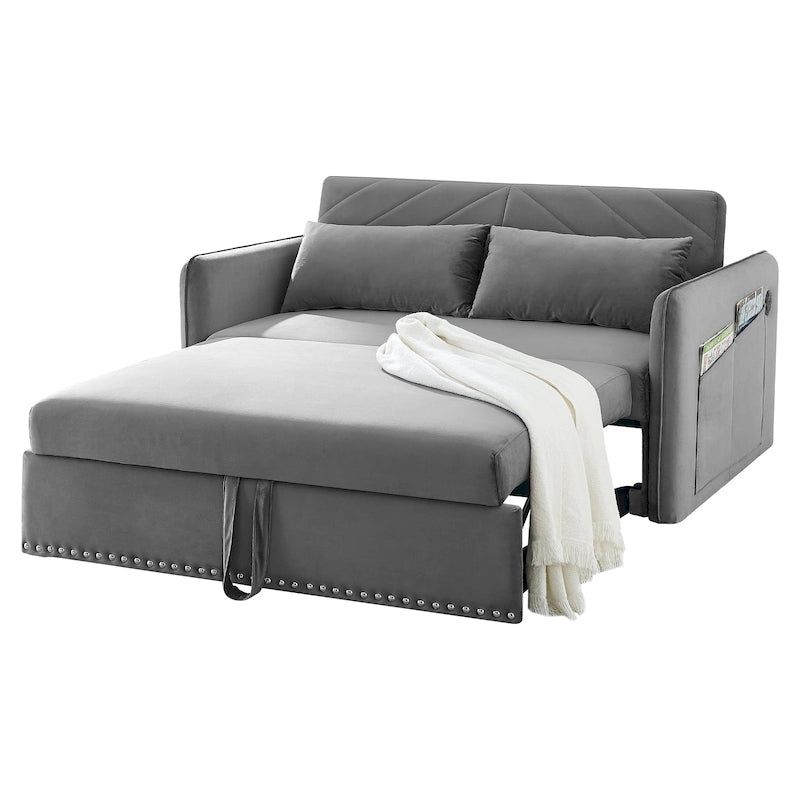 Canapé-lit convertible 3-en-1 en velours – Gris / Noir, style moderne, 2 places