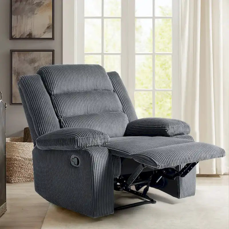 Fauteuil inclinable manuel avec accoudoirs larges et mousse haute densité – Gris foncé / Gris / Beige / Vert gris / Gris foncé / Avoine / Velours côtelé beige (Options tissu et velours côtelé, 1 ou 2 pièces), Style Mid-Century, Simple