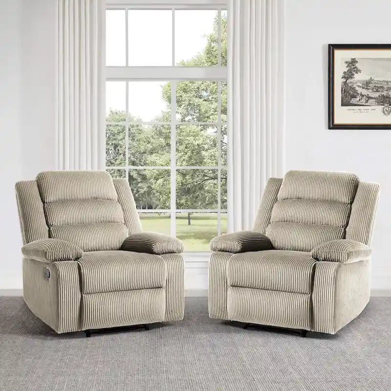 Fauteuil inclinable manuel avec accoudoirs larges et mousse haute densité – Gris foncé / Gris / Beige / Vert gris / Gris foncé / Avoine / Velours côtelé beige (Options tissu et velours côtelé, 1 ou 2 pièces), Style Mid-Century, Simple