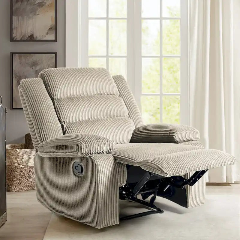 Fauteuil inclinable manuel avec accoudoirs larges et mousse haute densité – Gris foncé / Gris / Beige / Vert gris / Gris foncé / Avoine / Velours côtelé beige (Options tissu et velours côtelé, 1 ou 2 pièces), Style Mid-Century, Simple