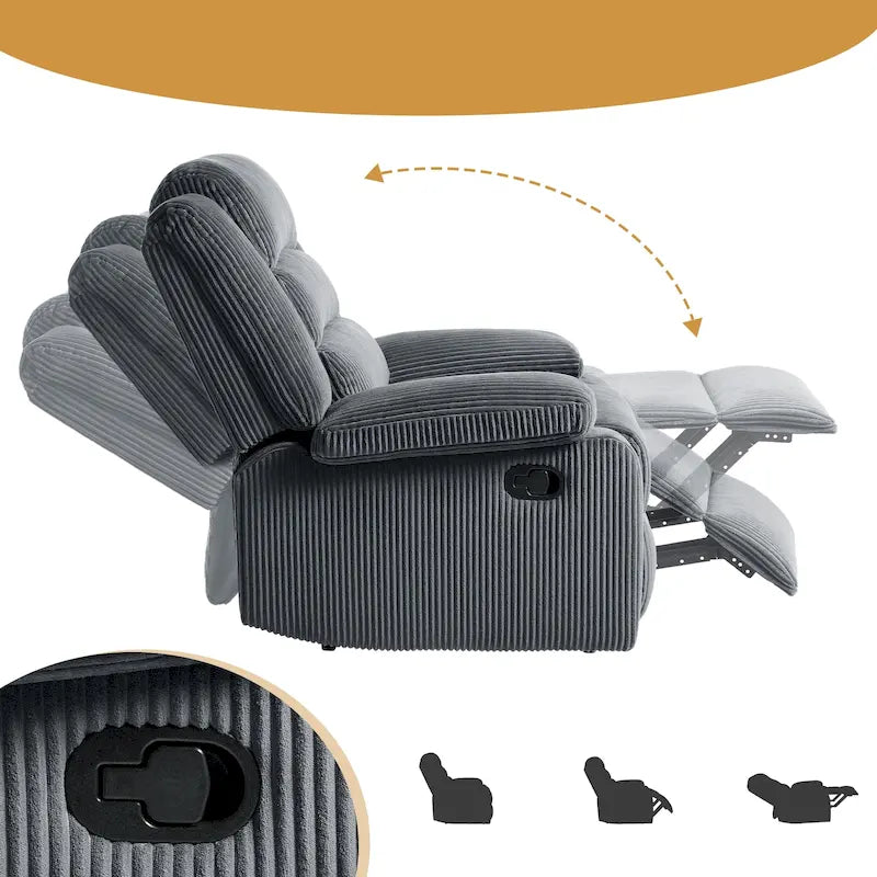 Fauteuil inclinable manuel avec accoudoirs larges et mousse haute densité – Gris foncé / Gris / Beige / Vert gris / Gris foncé / Avoine / Velours côtelé beige (Options tissu et velours côtelé, 1 ou 2 pièces), Style Mid-Century, Simple