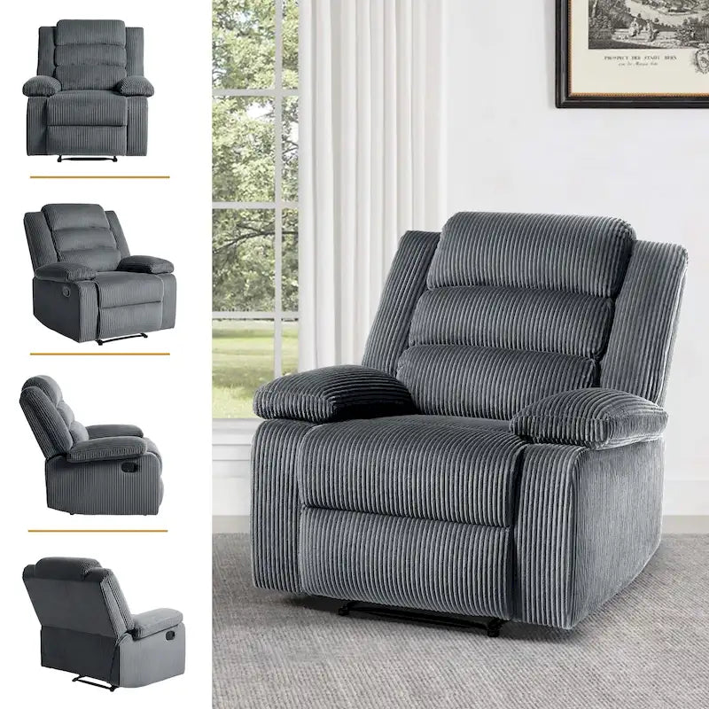Fauteuil inclinable manuel avec accoudoirs larges et mousse haute densité – Gris foncé / Gris / Beige / Vert gris / Gris foncé / Avoine / Velours côtelé beige (Options tissu et velours côtelé, 1 ou 2 pièces), Style Mid-Century, Simple