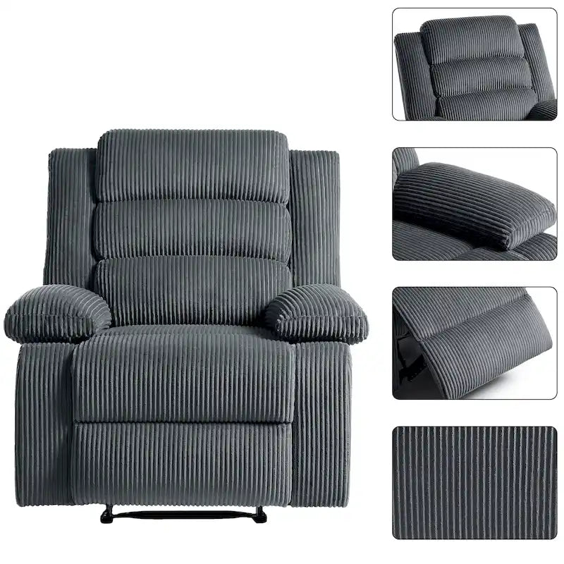 Fauteuil inclinable manuel avec accoudoirs larges et mousse haute densité – Gris foncé / Gris / Beige / Vert gris / Gris foncé / Avoine / Velours côtelé beige (Options tissu et velours côtelé, 1 ou 2 pièces), Style Mid-Century, Simple