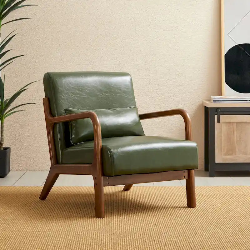 Fauteuil d'appoint en similicuir avec pieds évasés et cadre en noyer, style milieu de siècle – Vert / Bordeaux / Camel / Bleu / Marron / Noir, style milieu de siècle, Individuel