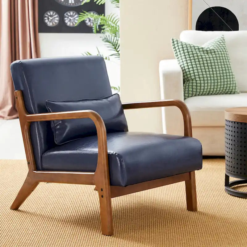 Fauteuil d'appoint en similicuir avec pieds évasés et cadre en noyer, style milieu de siècle – Vert / Bordeaux / Camel / Bleu / Marron / Noir, style milieu de siècle, Individuel