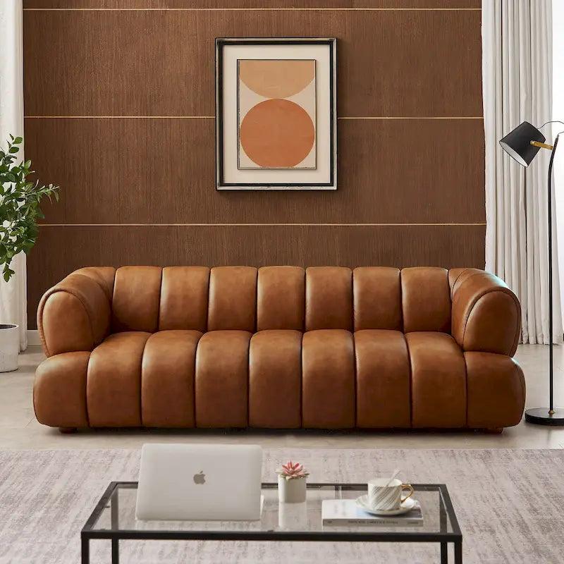 Canapé en cuir avec pieds en bois massif – Cognac, style Mid-Century, 3 places