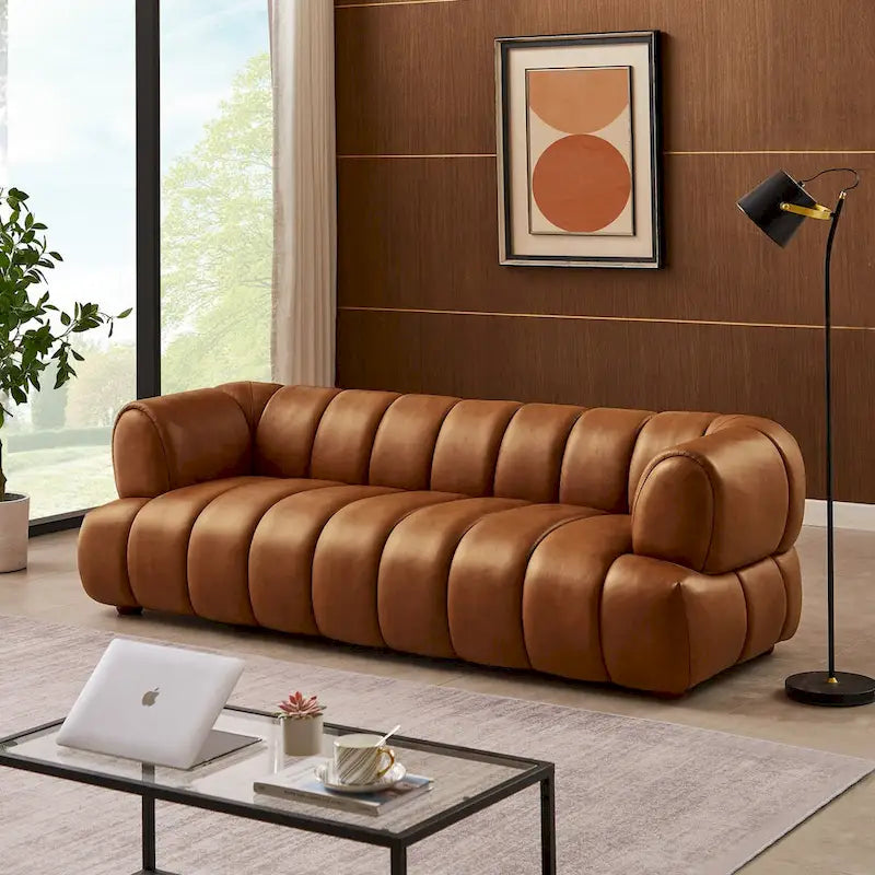 Canapé en cuir avec pieds en bois massif – Cognac, style Mid-Century, 3 places