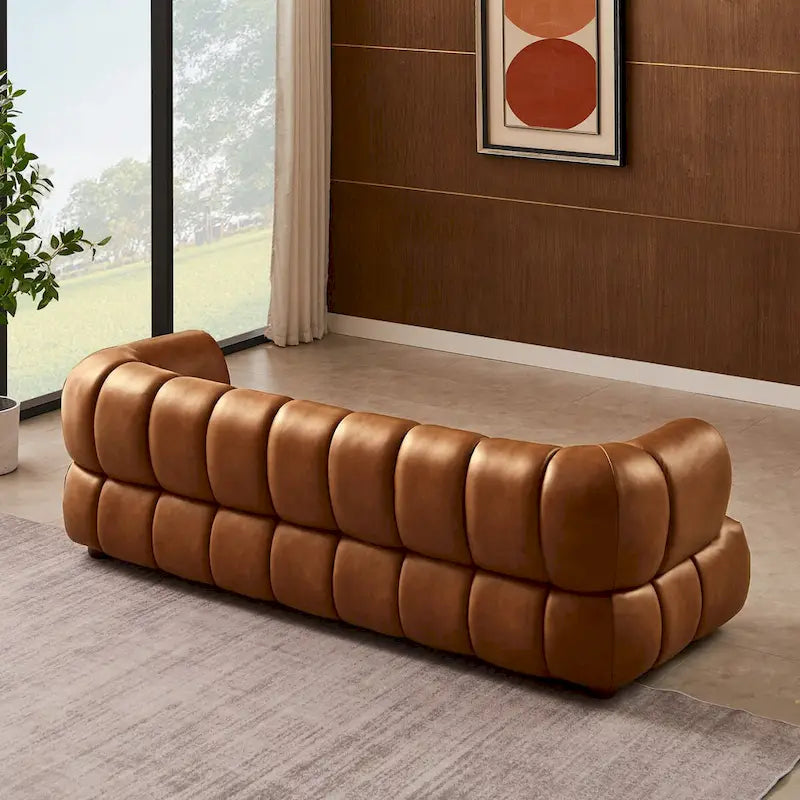 Canapé en cuir avec pieds en bois massif – Cognac, style Mid-Century, 3 places