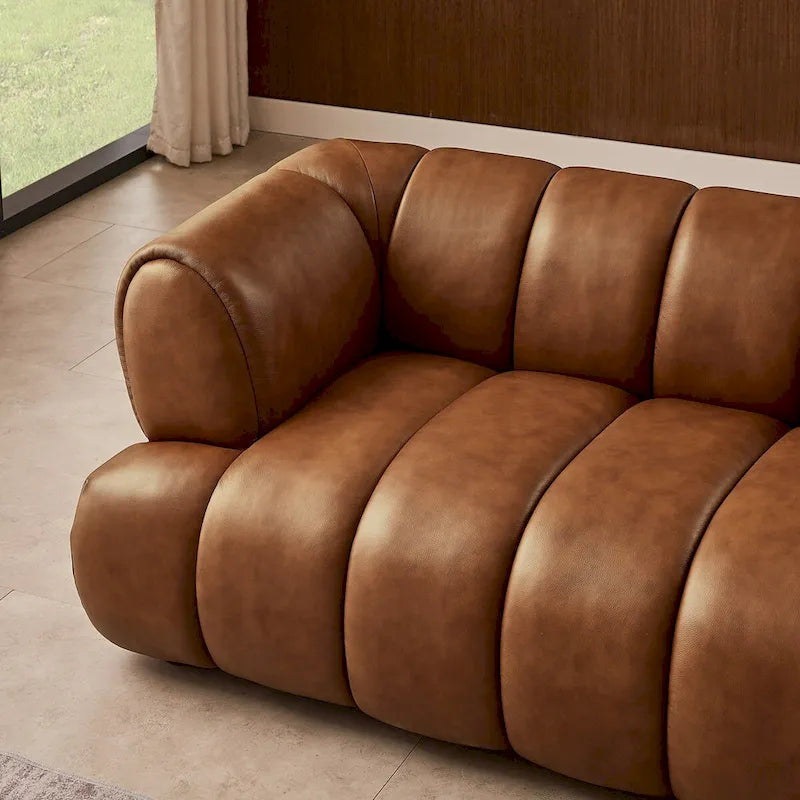Canapé en cuir avec pieds en bois massif – Cognac, style Mid-Century, 3 places