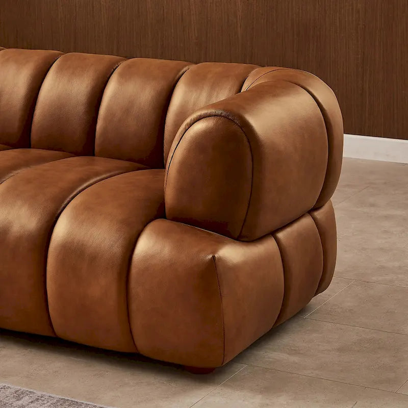 Canapé en cuir avec pieds en bois massif – Cognac, style Mid-Century, 3 places