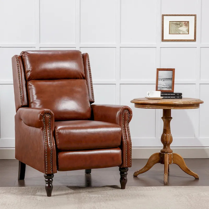 Fauteuil inclinable à dossier basculant en cuir véritable avec structure en bois massif – Camel / Marron rouge / Bleu, style Mid-Century, individuel