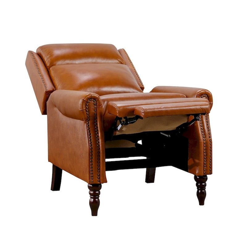 Fauteuil inclinable à dossier basculant en cuir véritable avec structure en bois massif – Camel / Marron rouge / Bleu, style Mid-Century, individuel