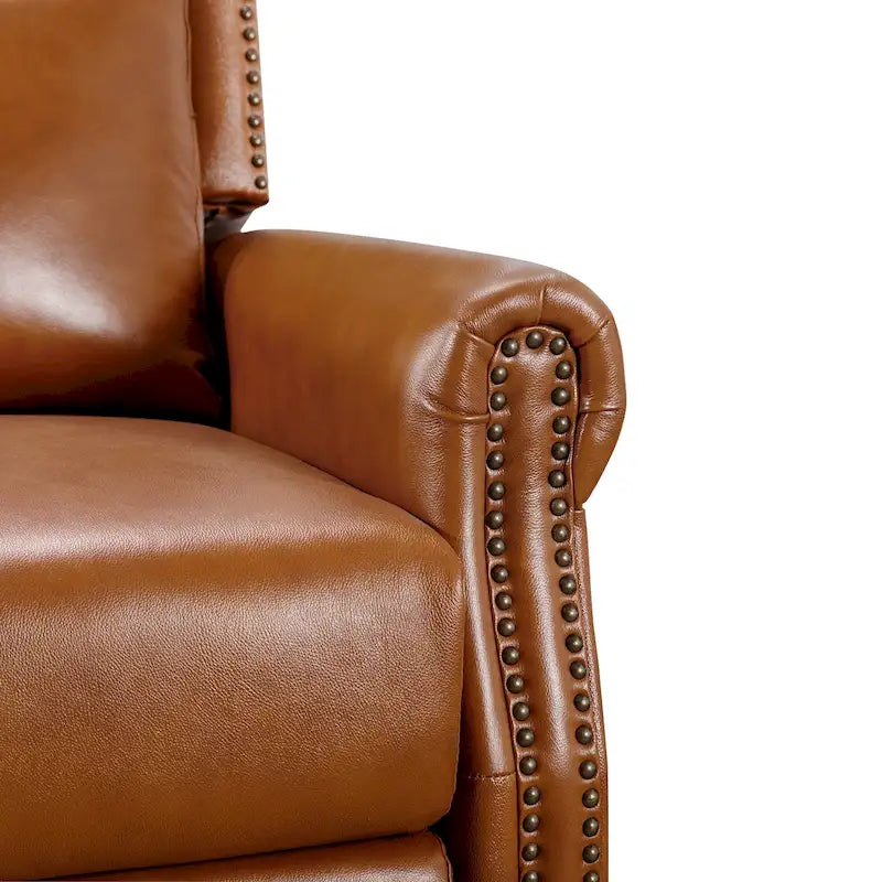 Fauteuil inclinable à dossier basculant en cuir véritable avec structure en bois massif – Camel / Marron rouge / Bleu, style Mid-Century, individuel